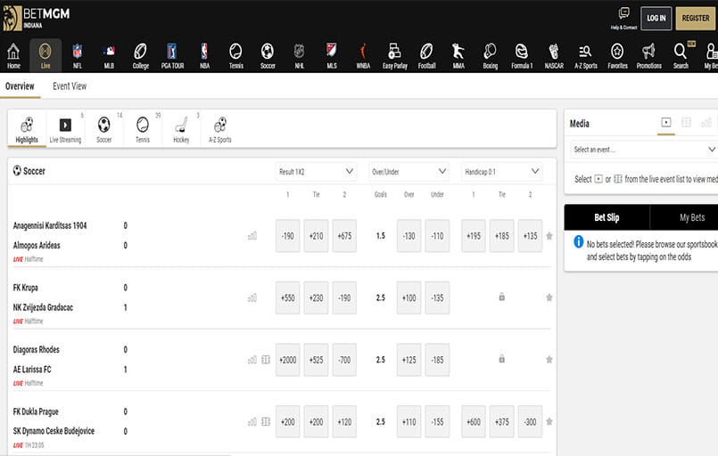 The BetMGM live interface.